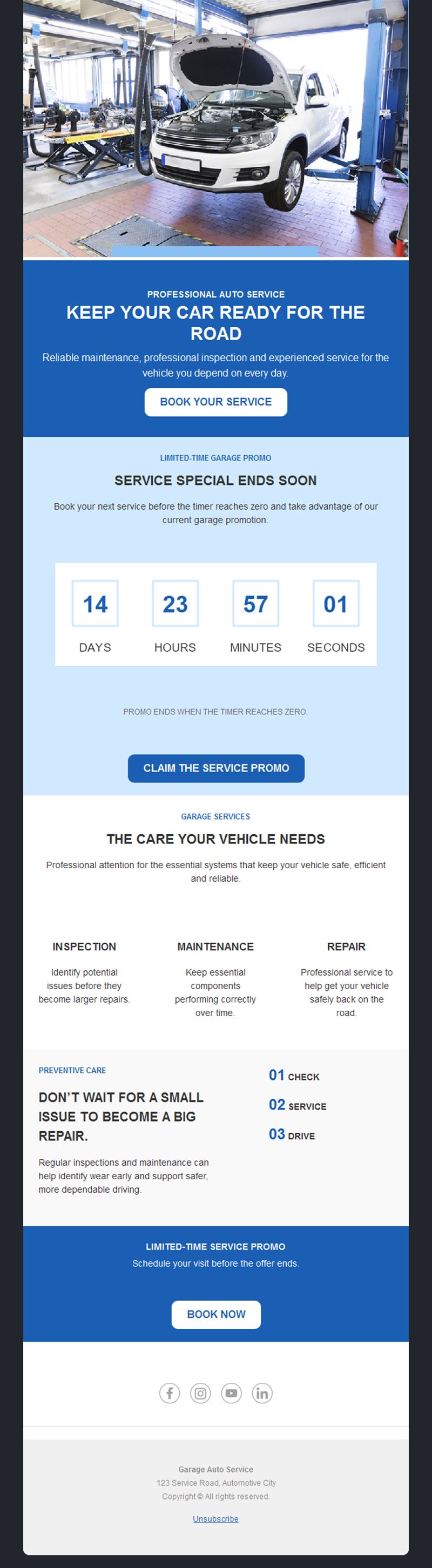 Garage service promo email with countdown