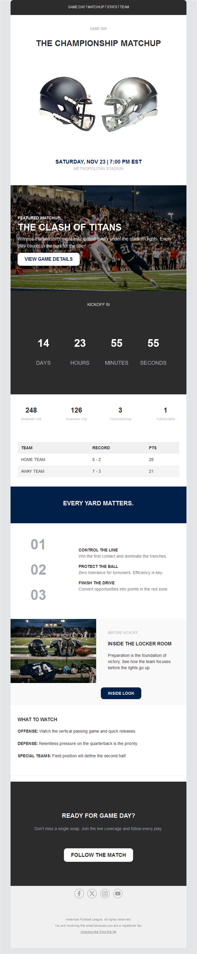 Game day matchup email with countdown