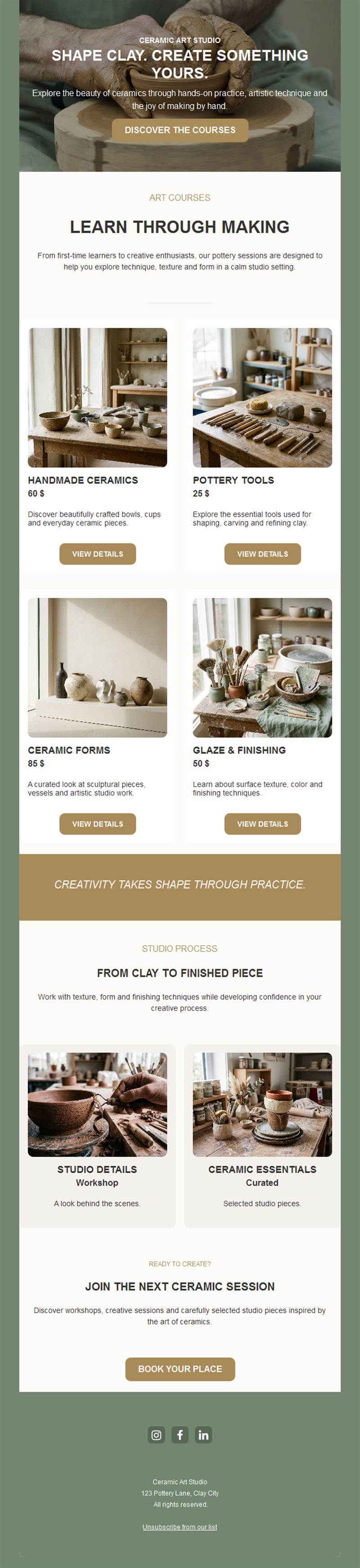 Pottery studio email with products and courses