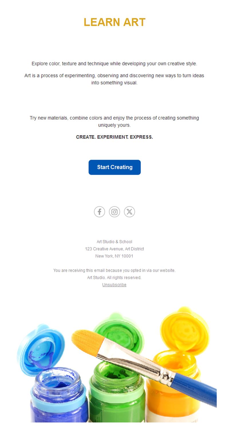 Simple art class email with paint pots