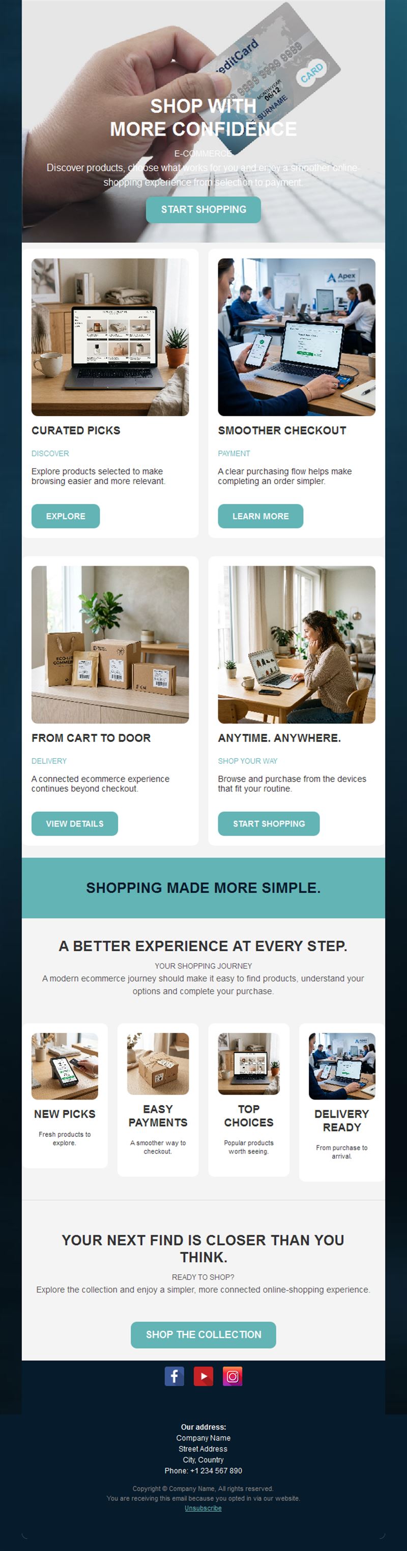 Teal ecommerce newsletter with features
