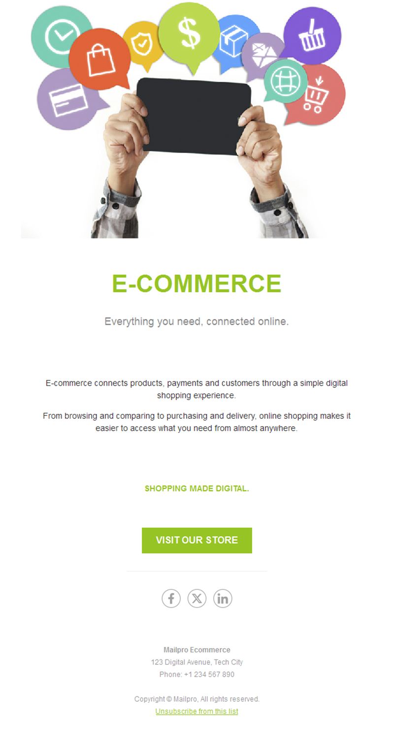 Online store launch email with icons
