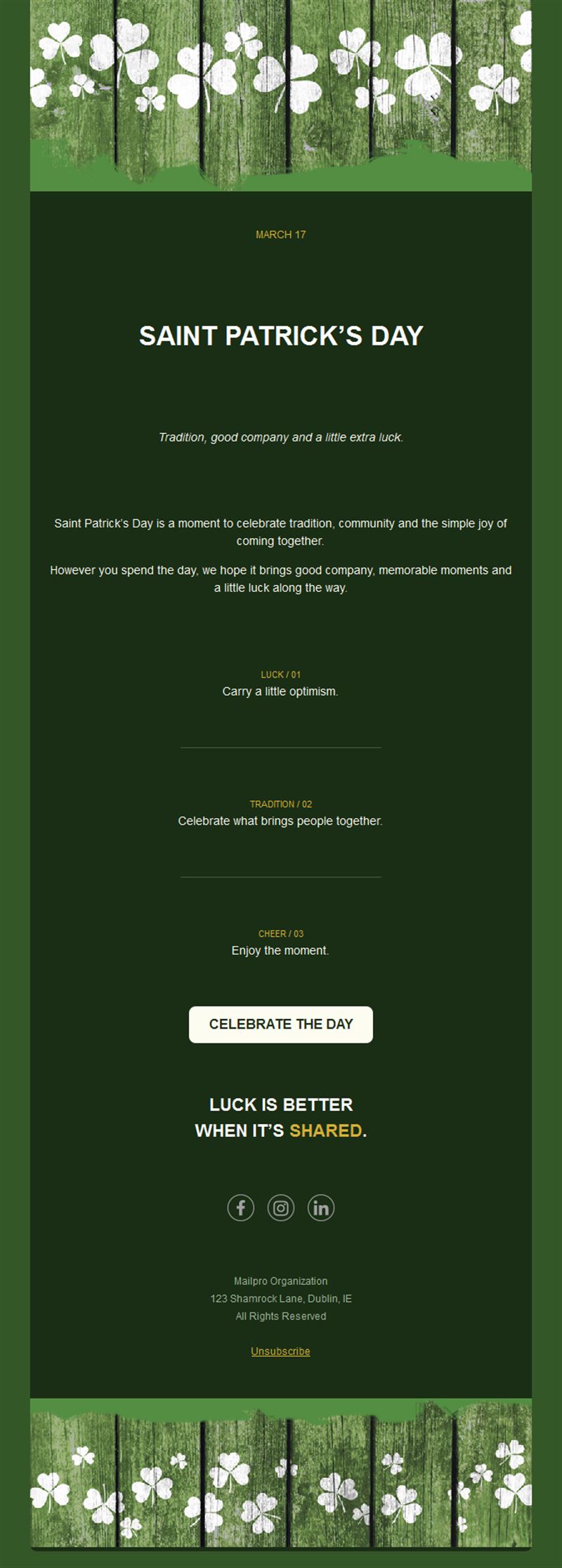 Dark green St. Patrick's Day email