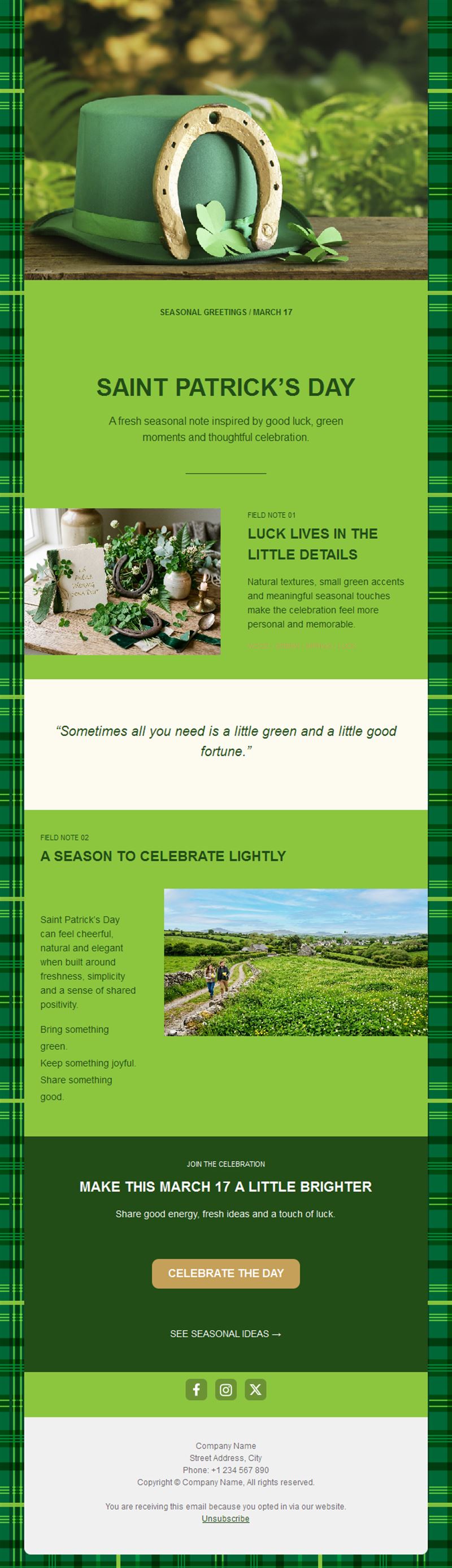 Green tartan St. Patrick's Day newsletter