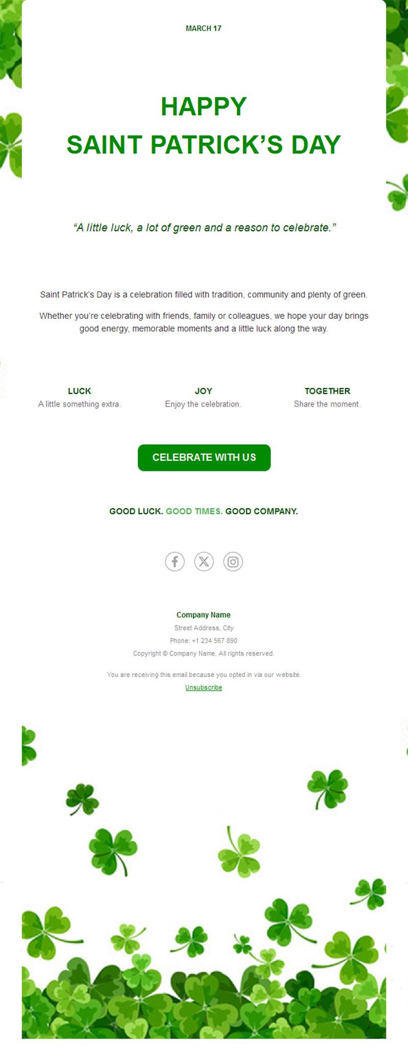 Shamrock St. Patrick's Day greeting email