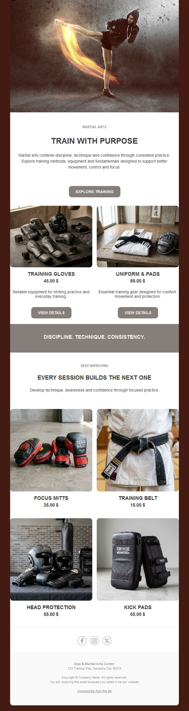 Martial arts gear shop newsletter