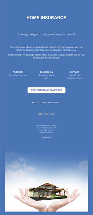 Home insurance email with house in hands