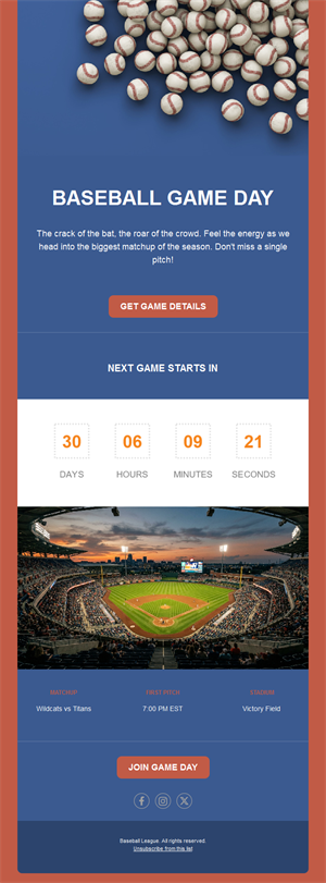 Baseball game day email with countdown
