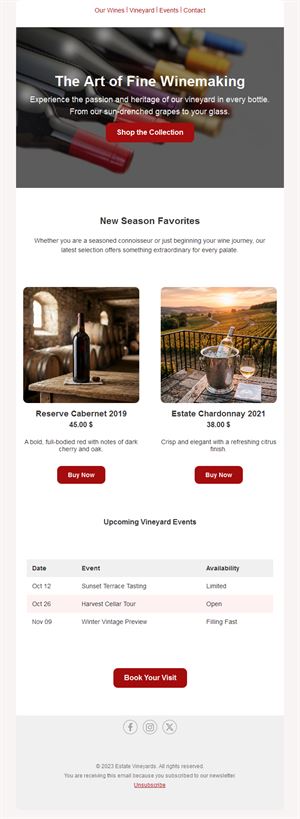 Winery newsletter with vineyard events