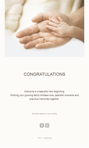 Minimal baby hand congratulations email