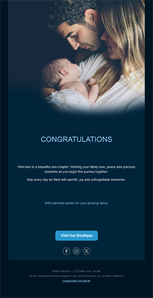 Navy baby boutique congratulations email