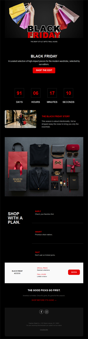 Black Friday fashion email with countdown