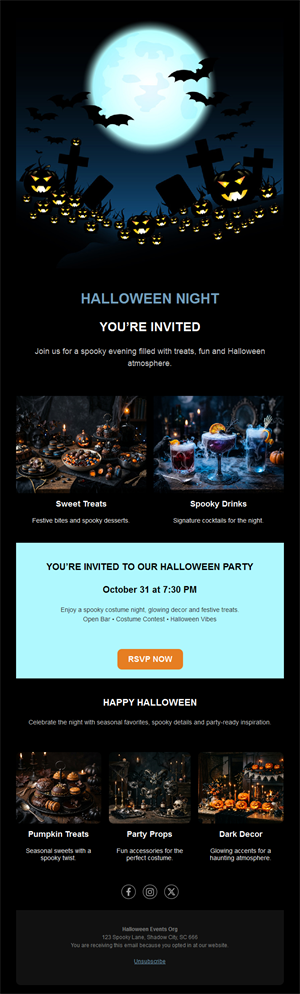 Halloween night party email with menu