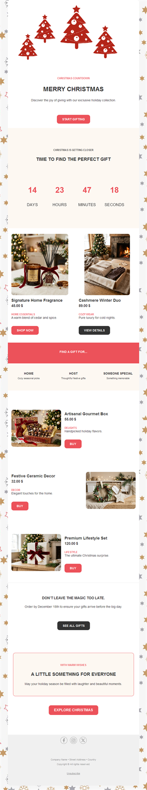 Christmas countdown email with gift ideas