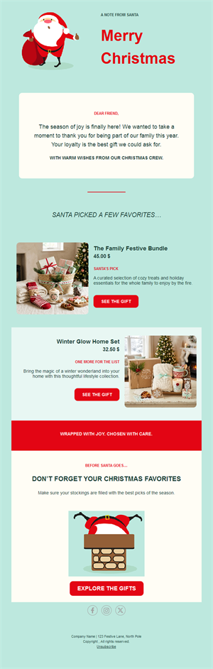 Santa Christmas email with gift picks