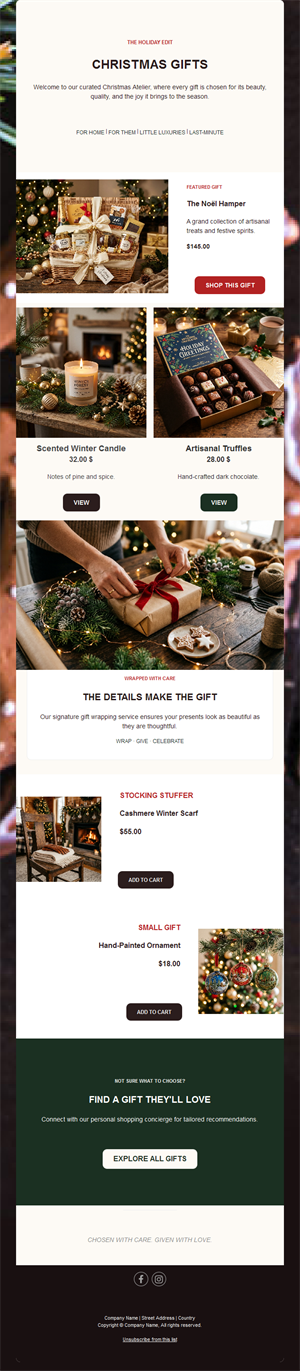 Christmas gift guide email with products