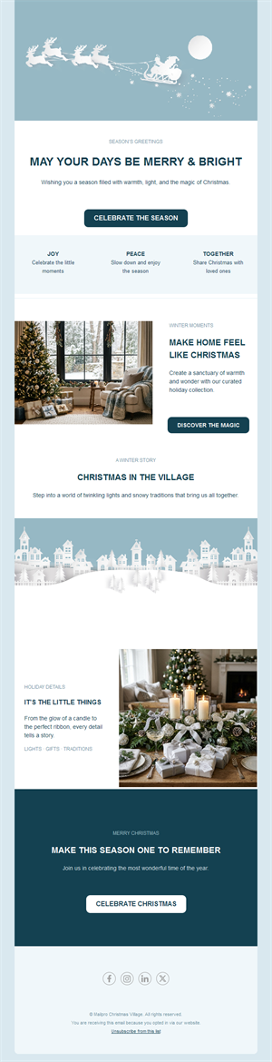 Snowy village Christmas greetings email