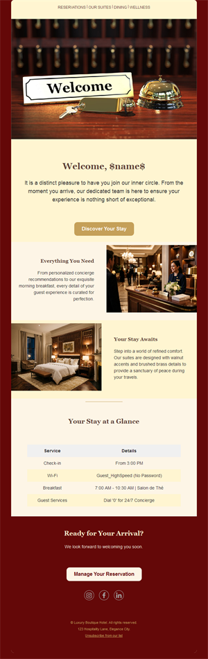 Hotel guest welcome email template
