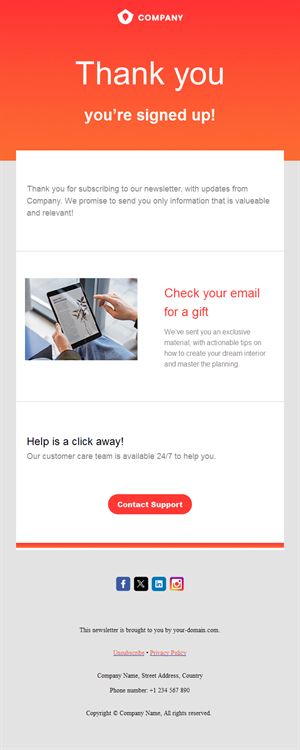 Newsletter sign-up thank-you email template
