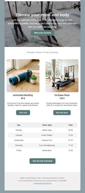 Yoga pilates memberships and schedule email