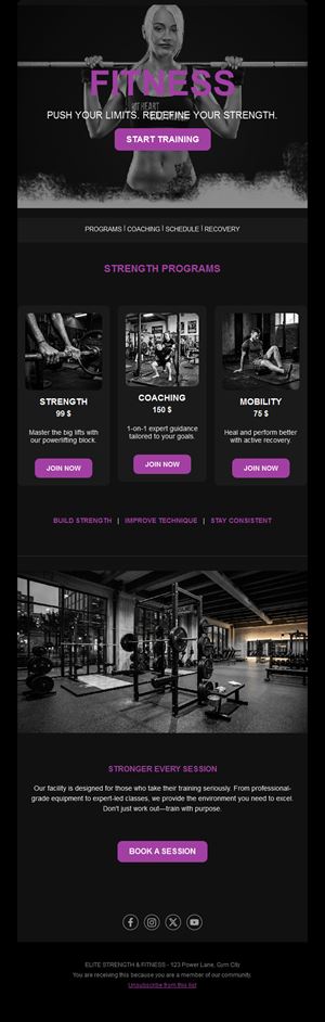 Purple strength training gym email