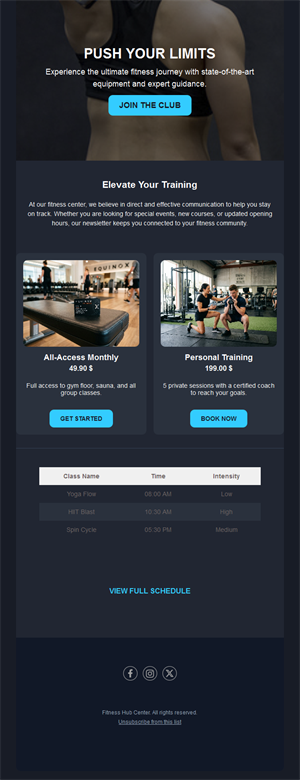 Fitness club newsletter with class schedule