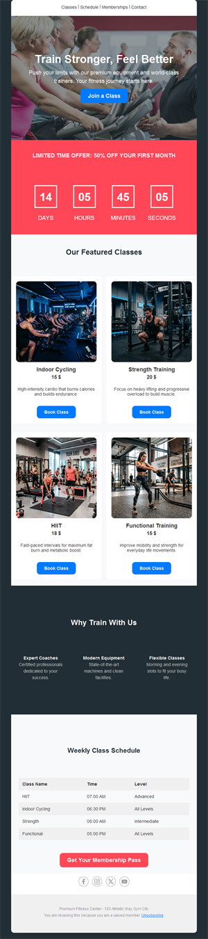 Fitness classes offer email with countdown