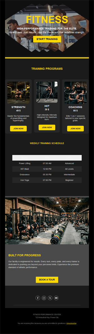 Gym training programs email with schedule