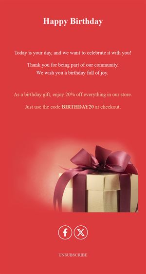 Classic red birthday email with discount