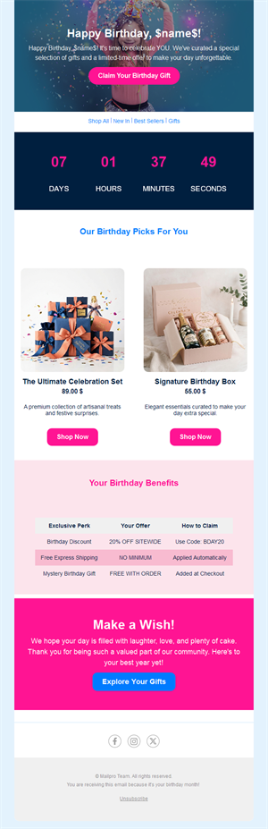 Birthday benefits email with countdown