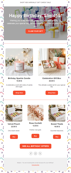 Birthday offers email with product grid