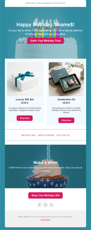 Teal birthday gift products email