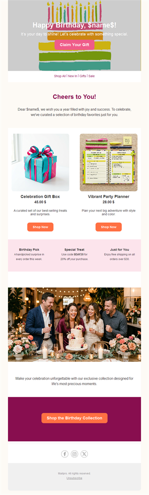 Birthday shop picks email template