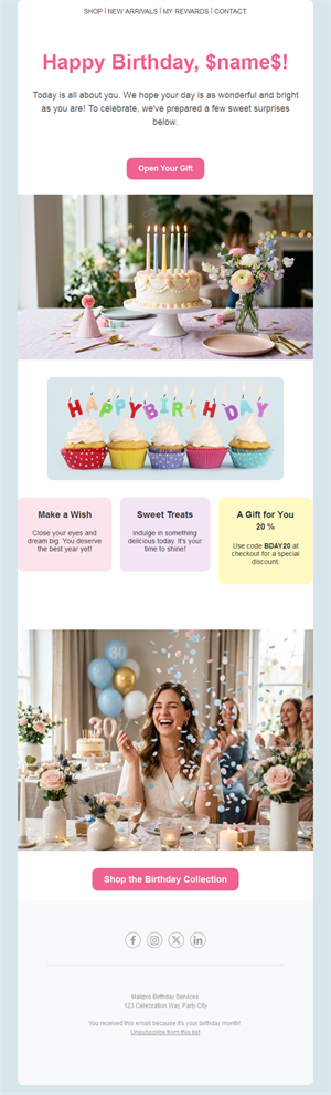 Pink birthday email with discount code