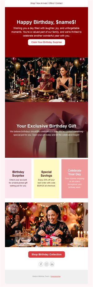 Red birthday gift and savings email