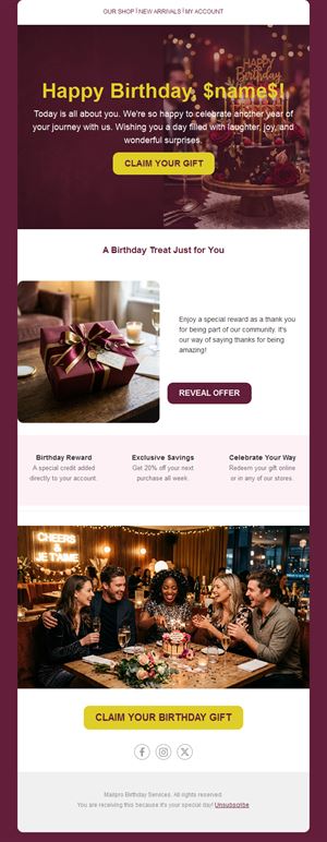 Burgundy birthday reward email template