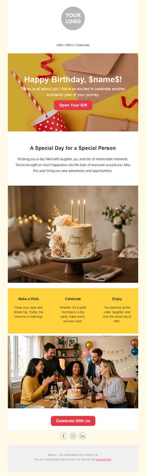 Yellow birthday gift email template