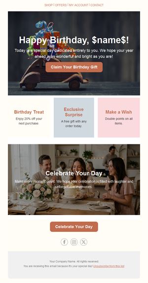 Warm birthday email with gift and perks