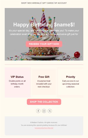 Loyalty birthday email with VIP perks