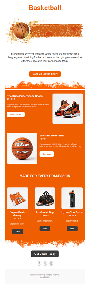 Orange basketball gear sale email template
