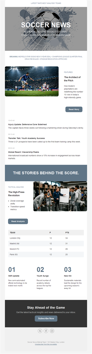 Soccer news weekly editorial newsletter
