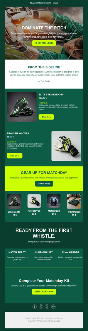 Football gear shop email with products