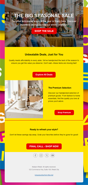 Big seasonal sale email in yellow
