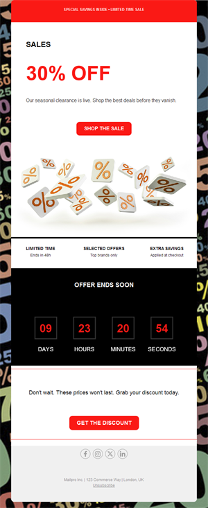 30% off sale email with countdown