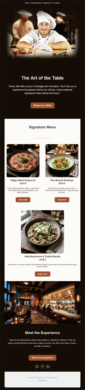 Chef's signature menu restaurant email