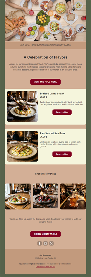 Restaurant week menu newsletter