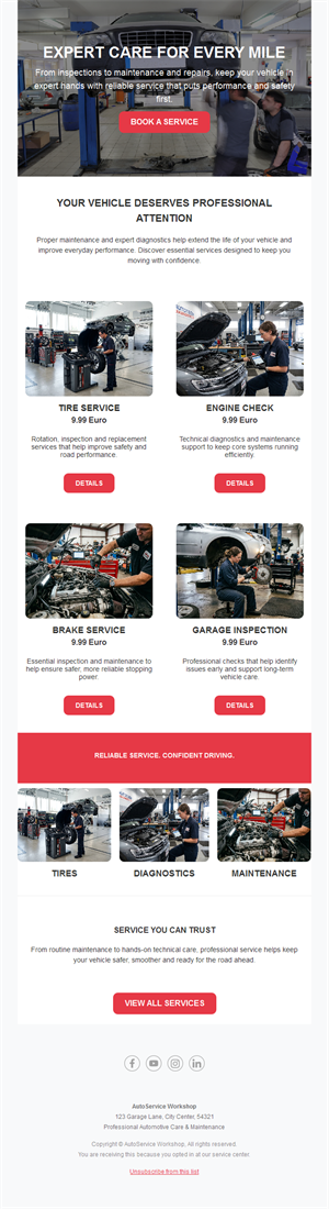 Garage services and prices email template