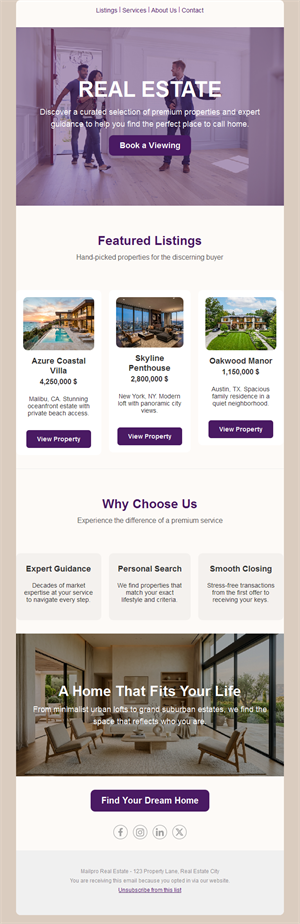 Purple real estate listings email