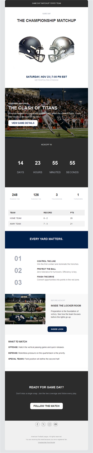 Game day matchup email with countdown