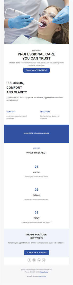 Professional dental care email in blue